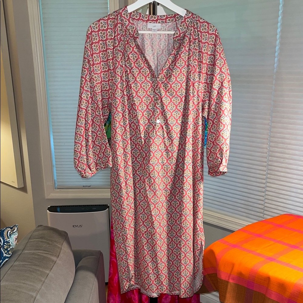 J. Jill Coral and Tan Floral Button-Front Shirt Dress, Petite Medium